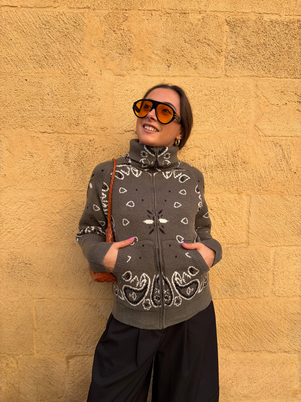 Veste Ava kaki, maille jacquard motif bandana
