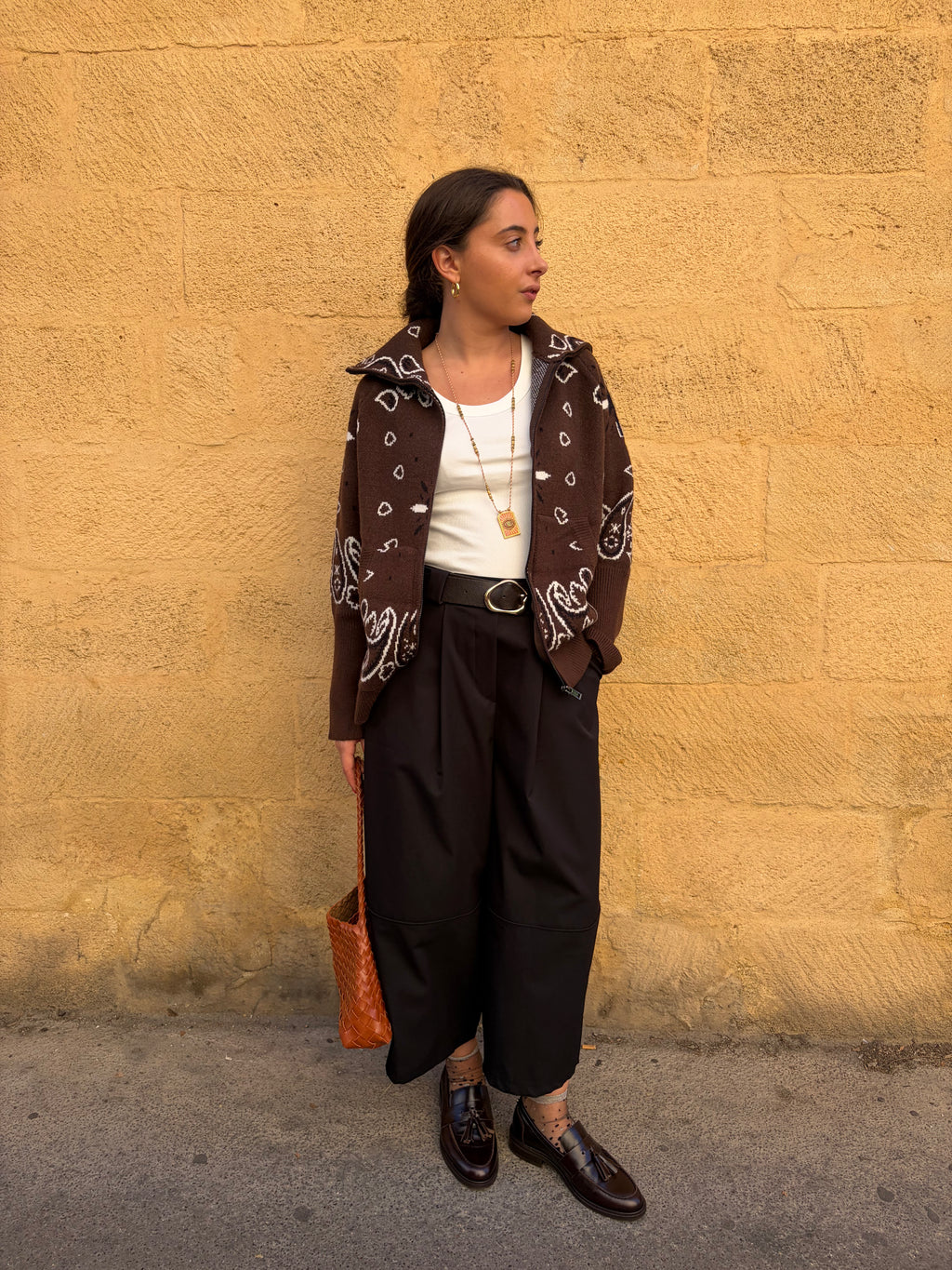 Veste Ava chocolat, maille jacquard motif bandana