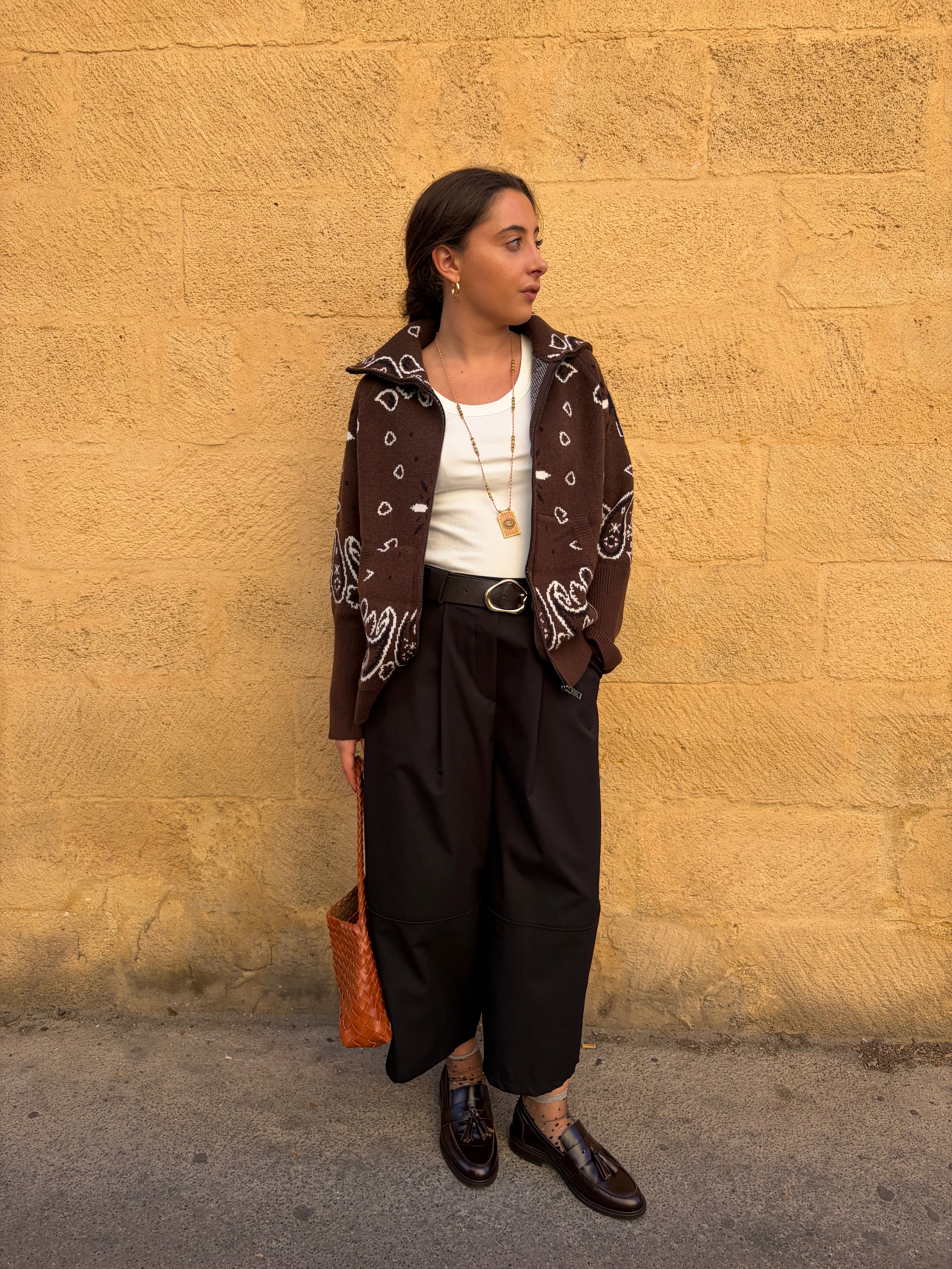 Veste Ava chocolat, maille jacquard motif bandana