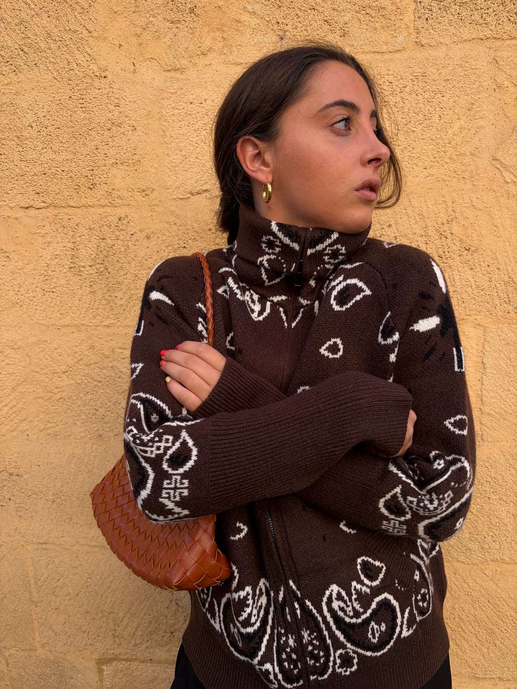 Veste Ava chocolat, maille jacquard motif bandana