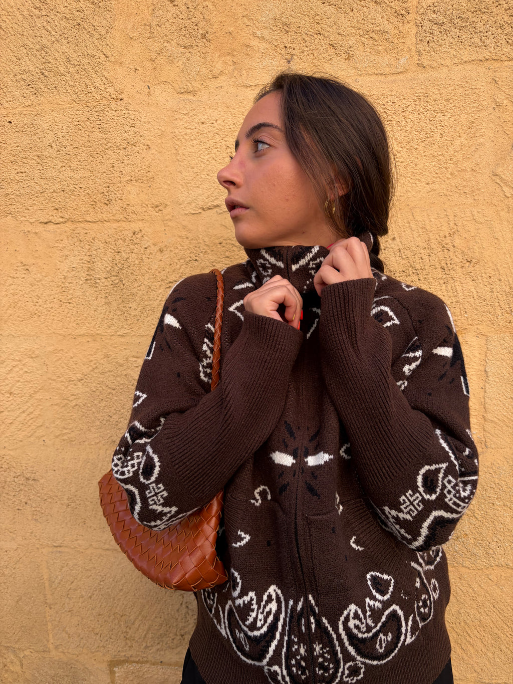 Veste Ava chocolat, maille jacquard motif bandana