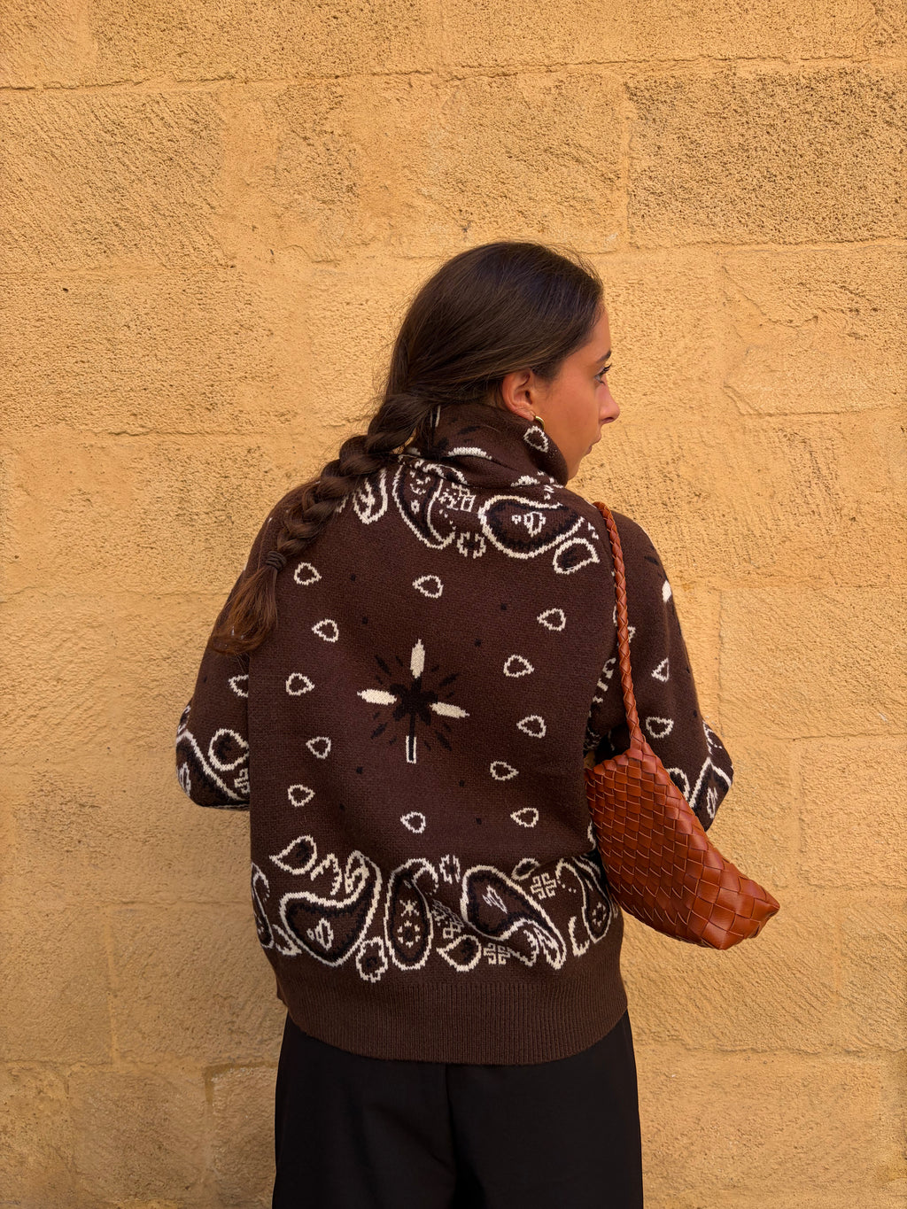 Veste Ava chocolat, maille jacquard motif bandana