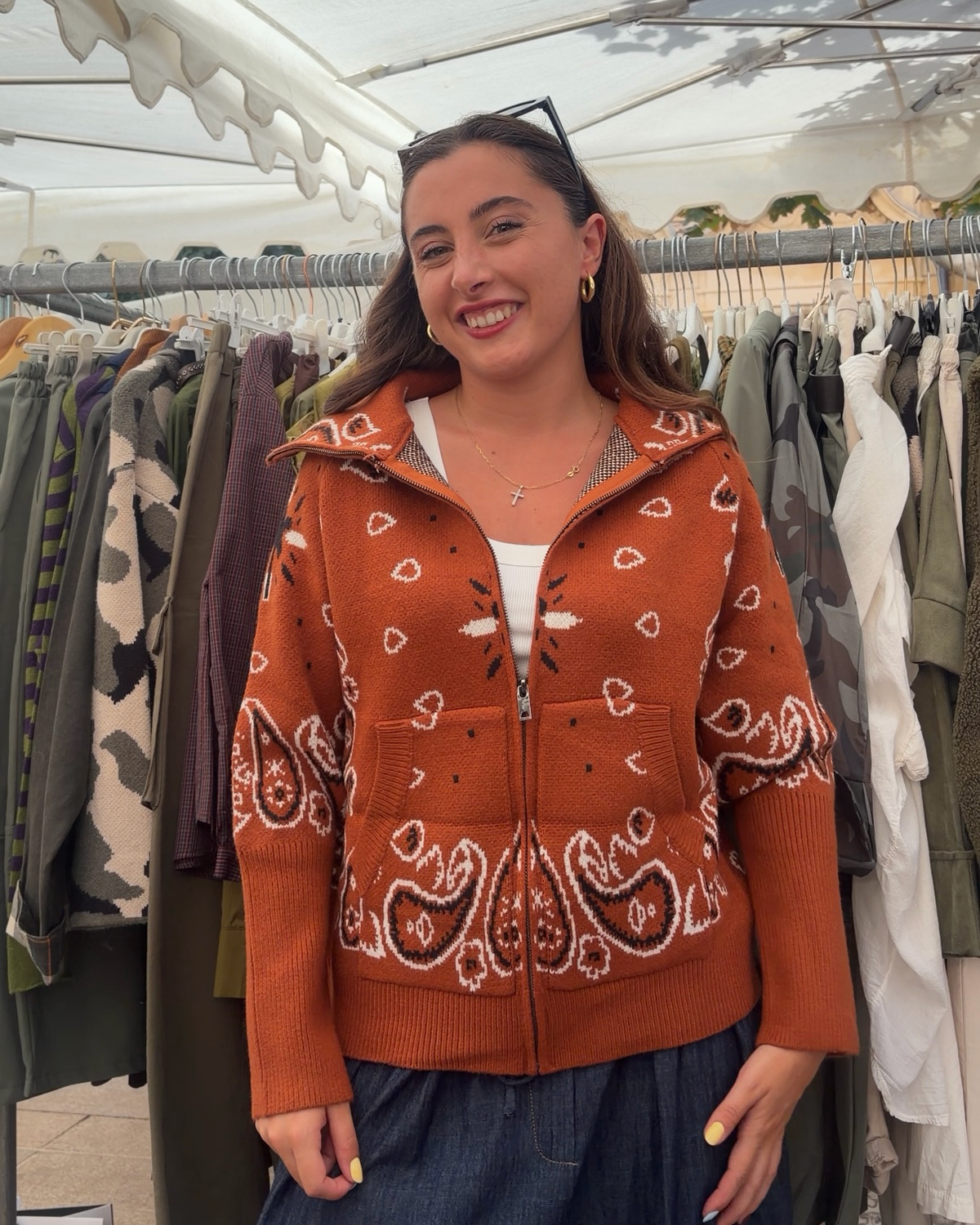 Veste Ava terracotta, maille jacquard motif bandana