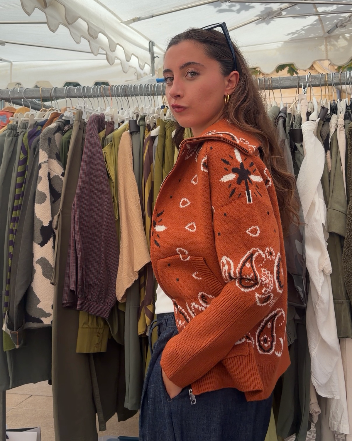 Veste Ava terracotta, maille jacquard motif bandana