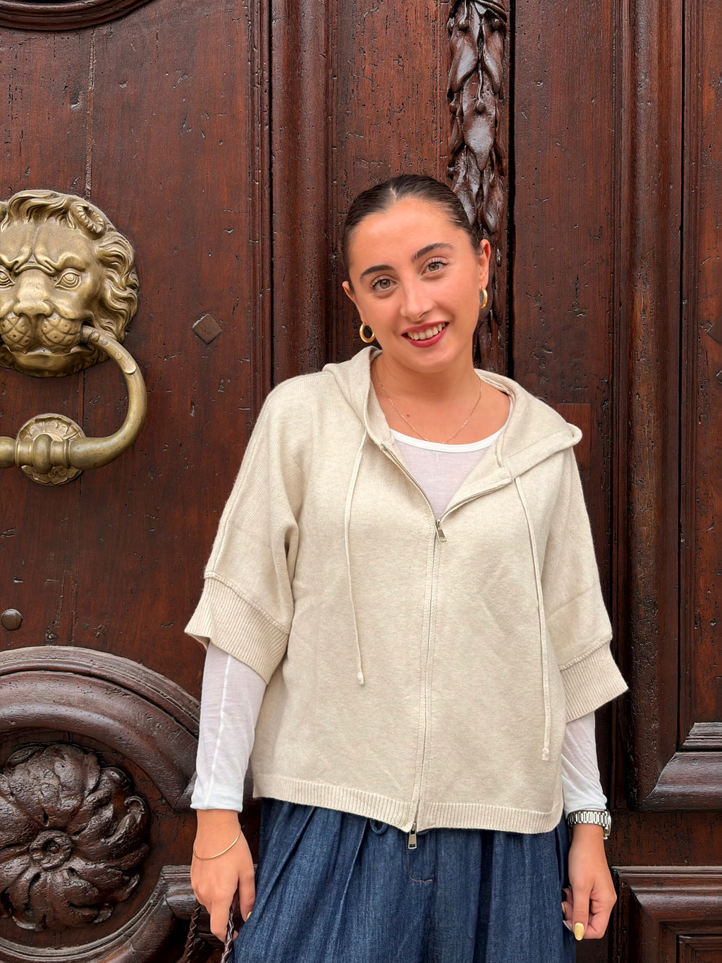 Gilet Bonnie beige, maille zippée à capuche