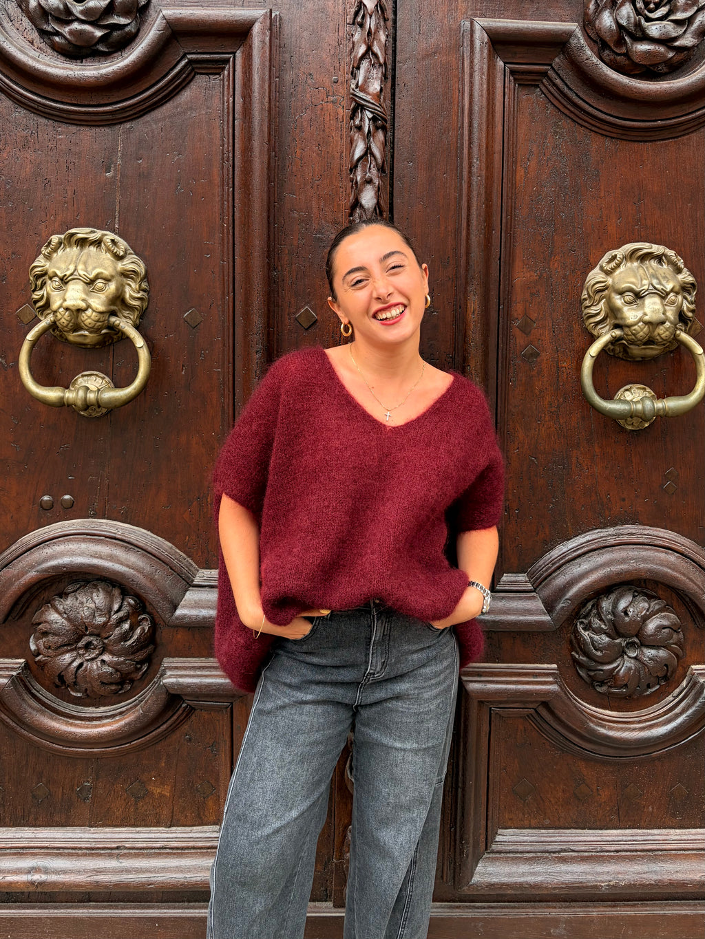 Pull Romy bordeaux, mohair col V