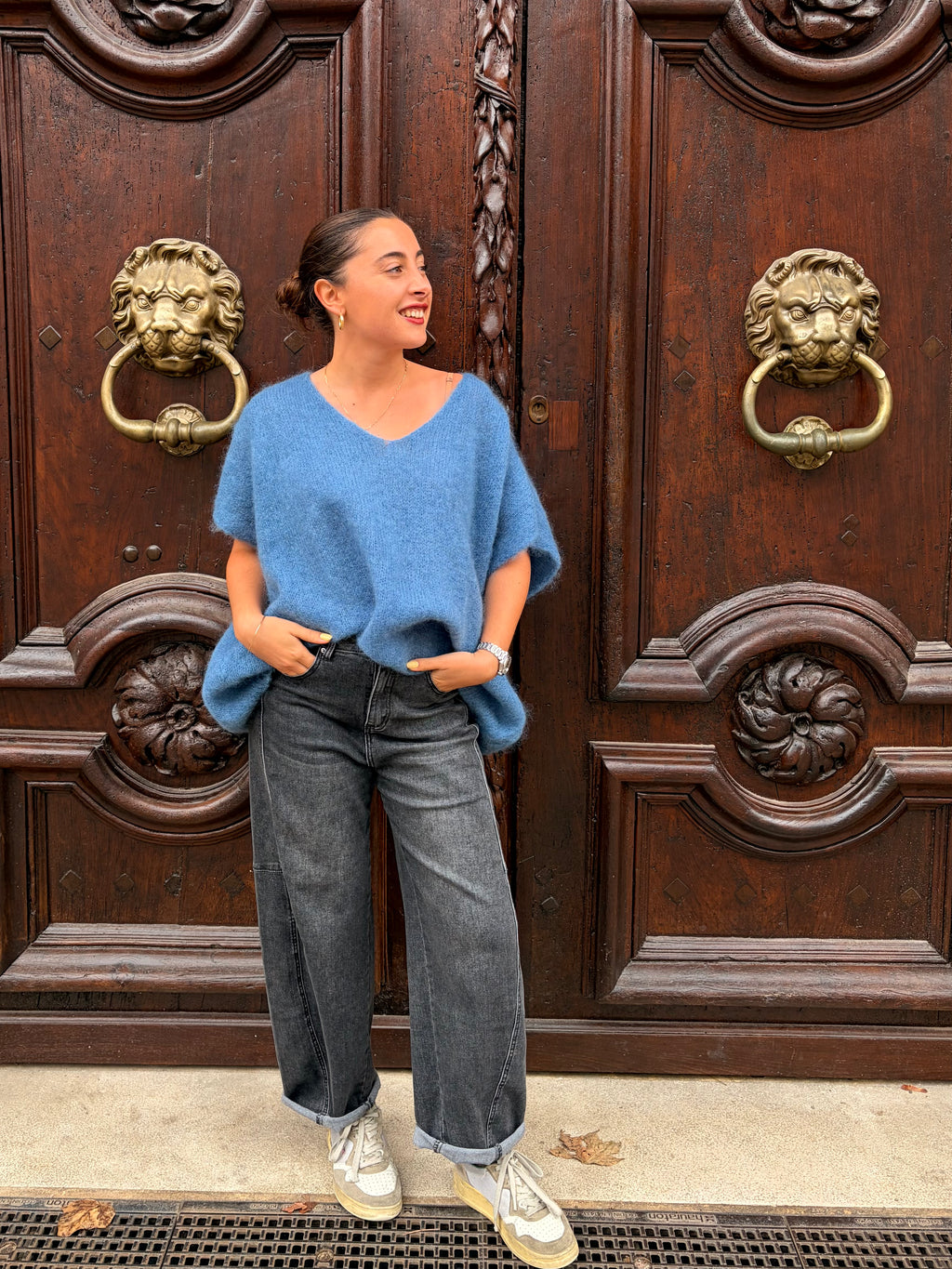 Pull Romy bleu, mohair col V