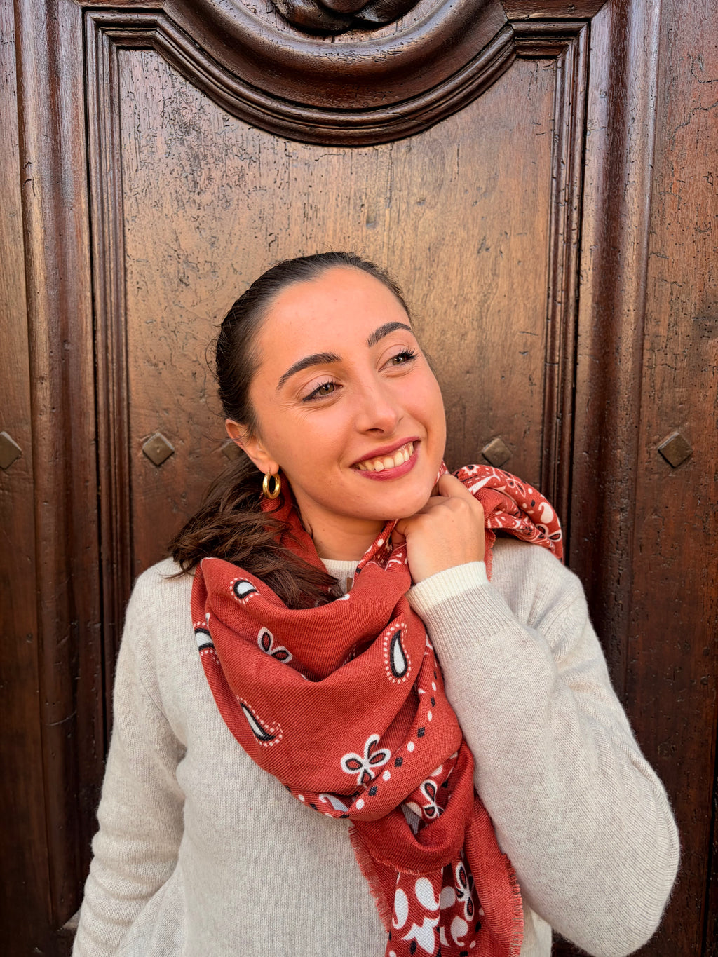 Foulard bandana terracotta – grand foulard carré femme Casa Paloma